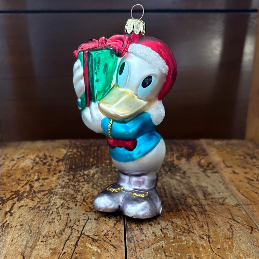Hand Painted Blown Glass Donald Duck Holiday Ornament with Wrapped Gift, 2001